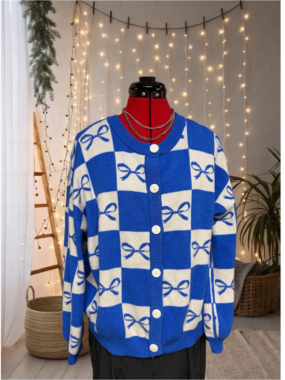 Sincerely Jules Blue gray checkered plaid Bow-Pattern Cardigan Sweater size M